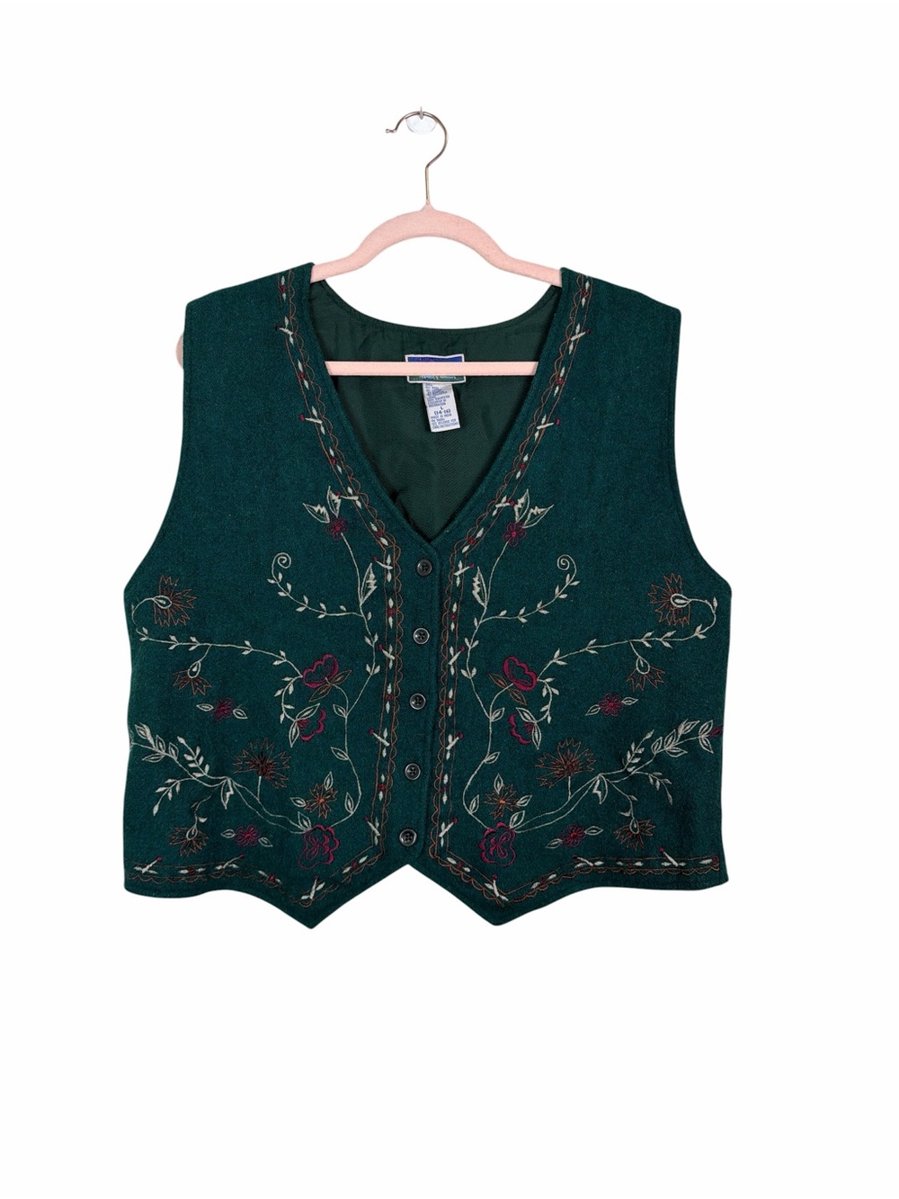 NorthCrest Floral Embroidered Wool Blend Vest Green Women’s L 14–16 Vintage Boho